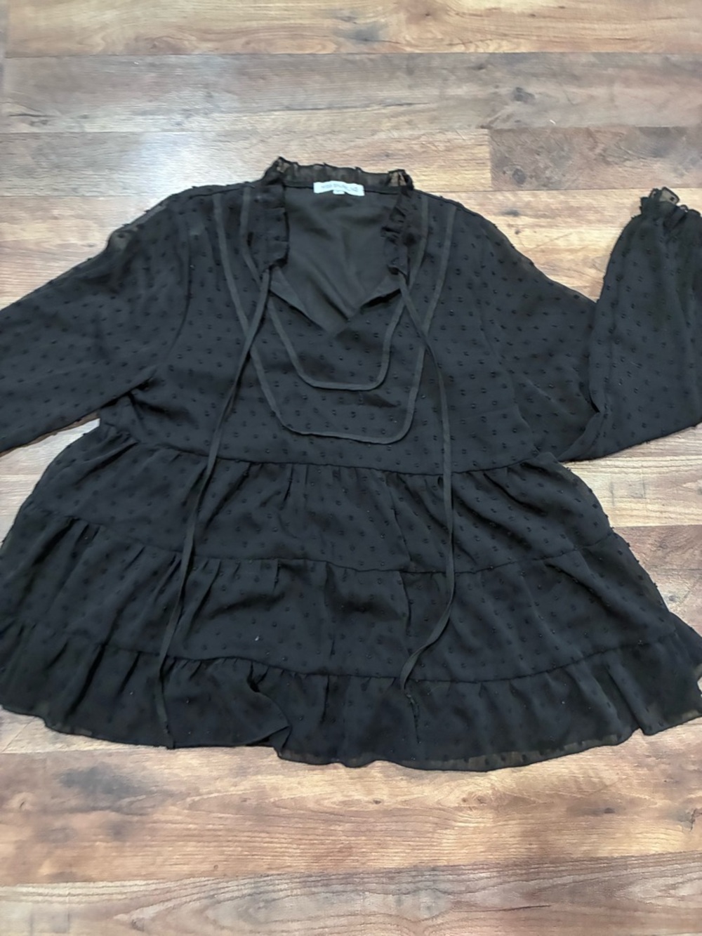 Black Swiss Dot Peasant Blouse with Ruffle Trim